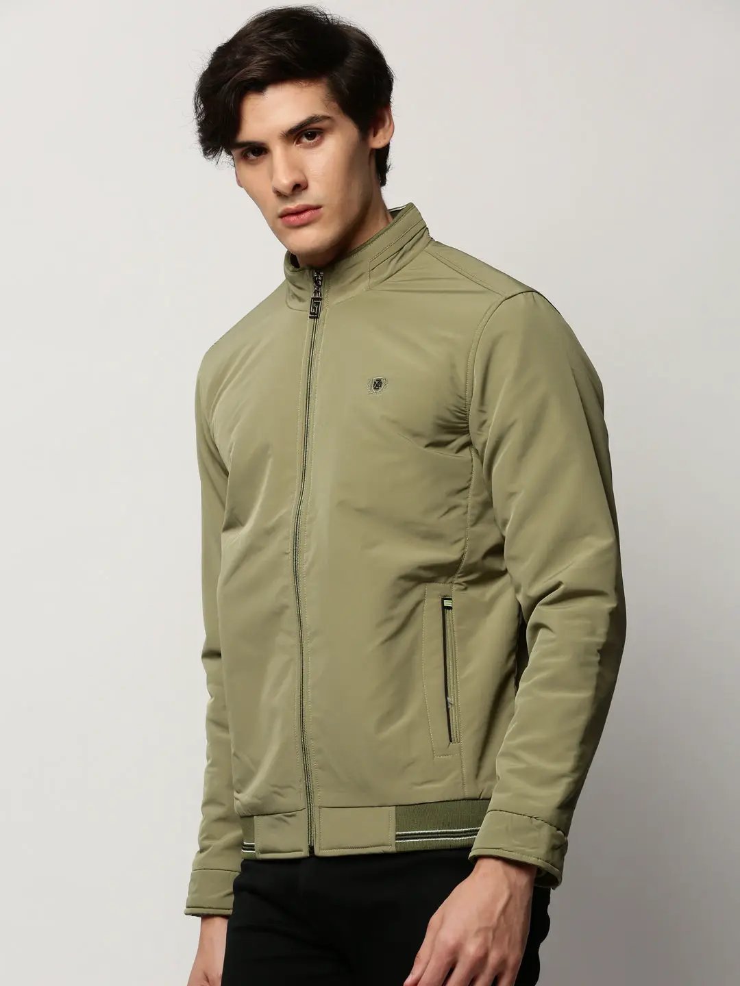 Men's Green Solid Casual Bomber Jackets