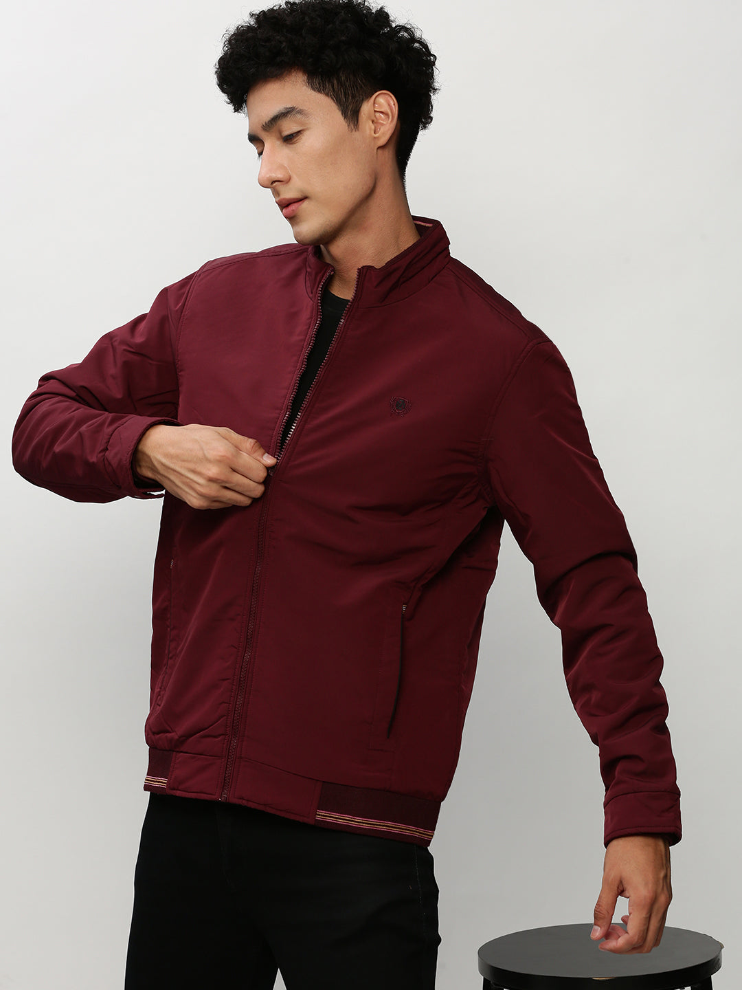 Men Maroon Solid Casual Bomber Jackets