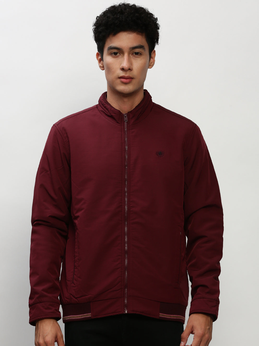 Men Maroon Solid Casual Bomber Jackets