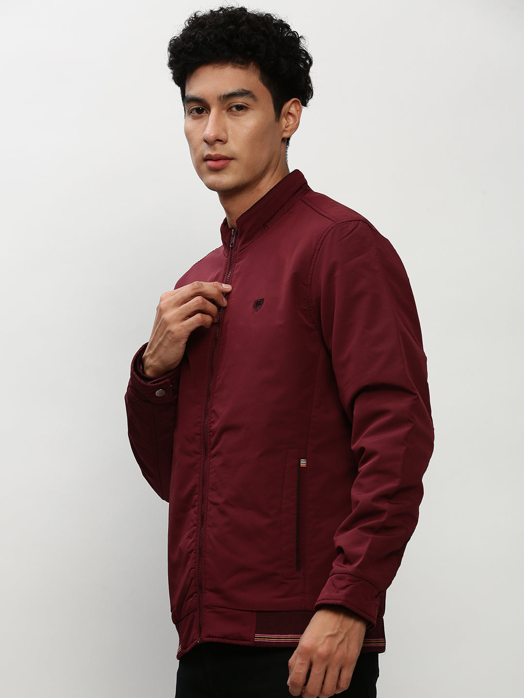 Men Maroon Solid Casual Bomber Jackets