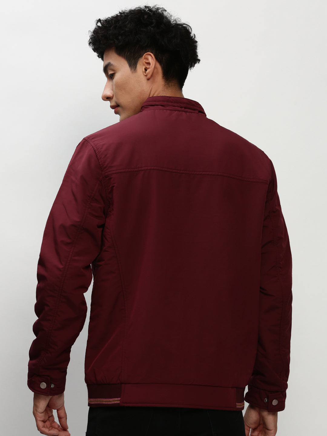 Men Maroon Solid Casual Bomber Jackets