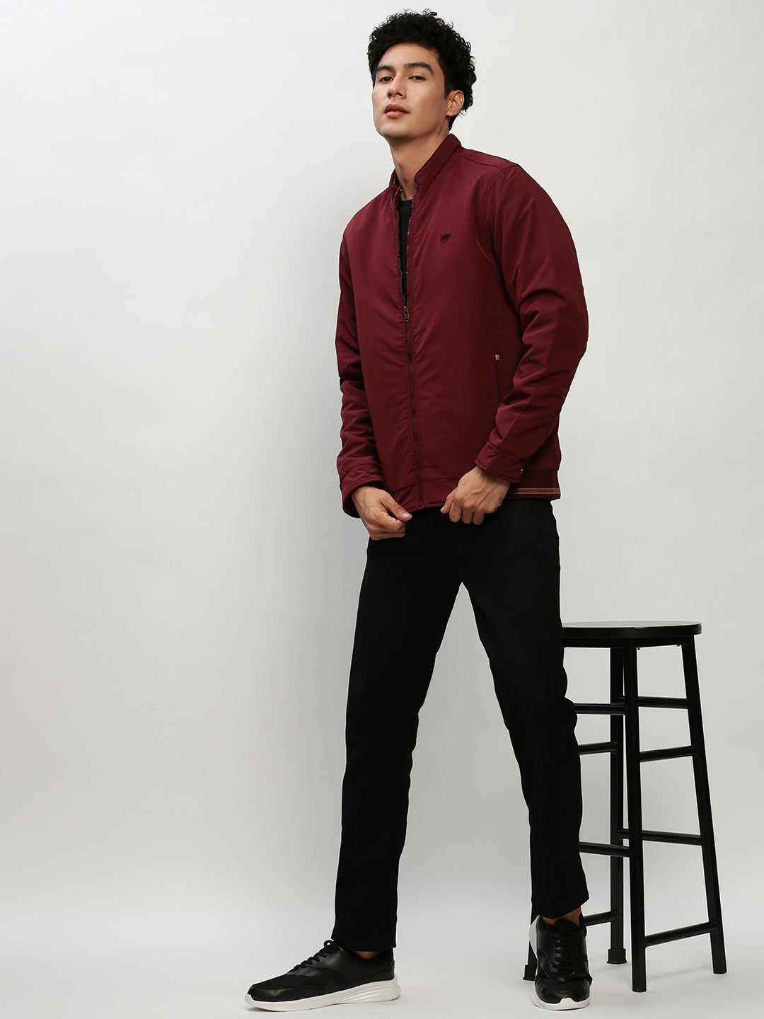 Men Maroon Solid Casual Bomber Jackets