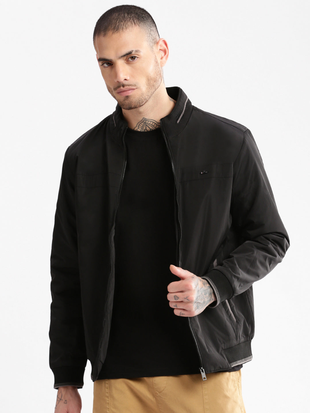 Men Mock Collar Black Solid Bomber Jacket