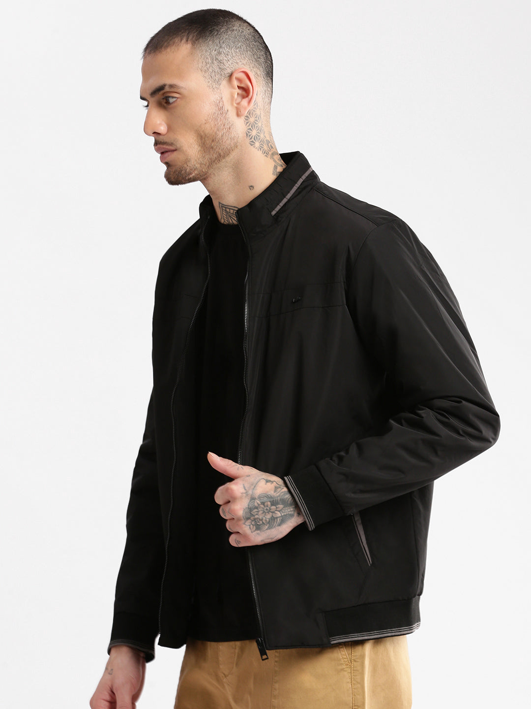 Men Mock Collar Black Solid Bomber Jacket