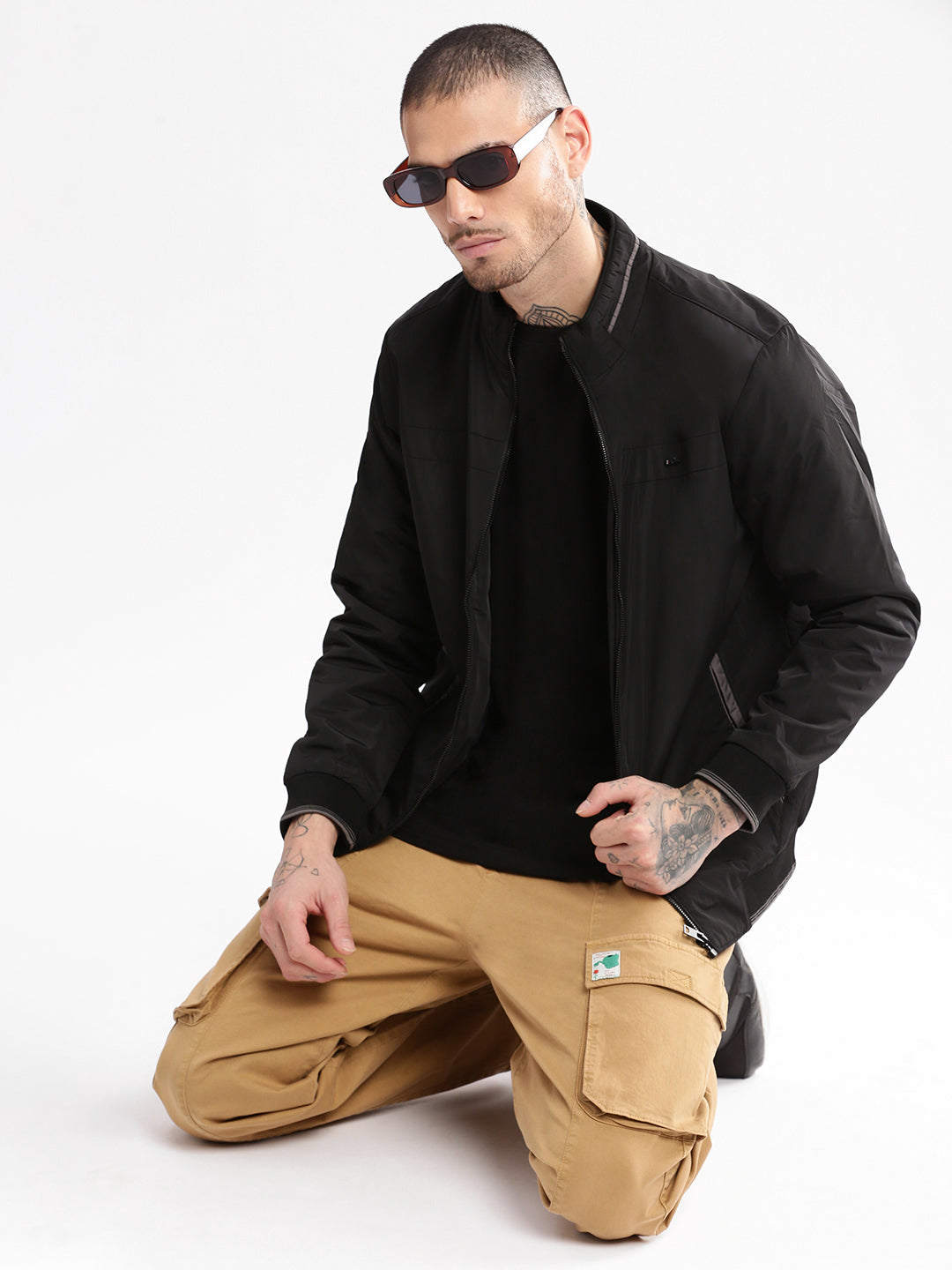 Men Mock Collar Black Solid Bomber Jacket