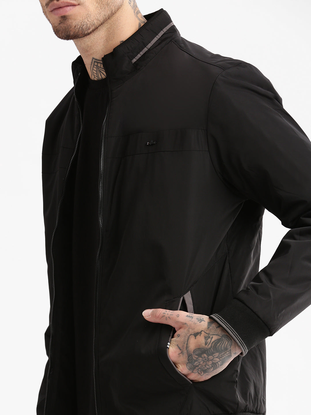 Men Mock Collar Black Solid Bomber Jacket