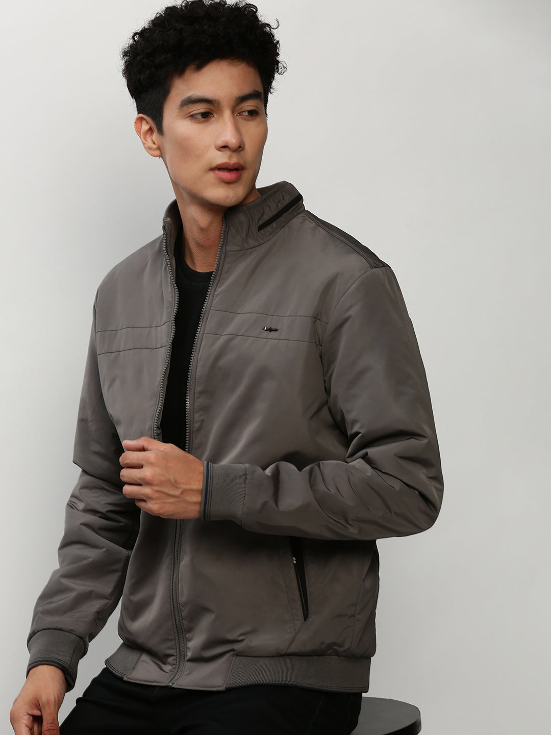 Men Grey Solid Casual Bomber Jackets