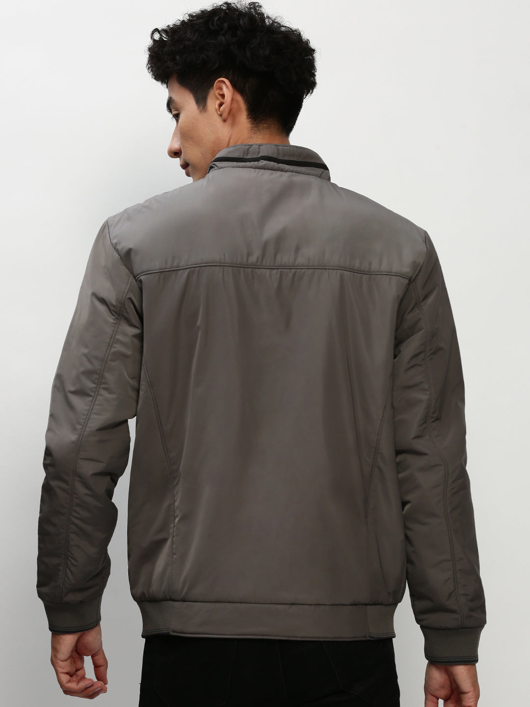 Men Grey Solid Casual Bomber Jackets