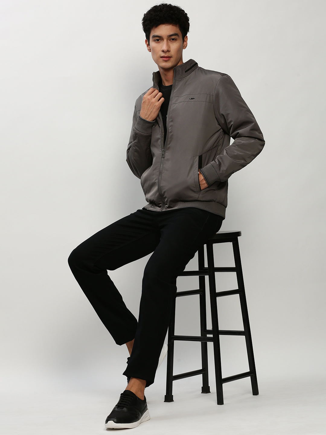 Men Grey Solid Casual Bomber Jackets