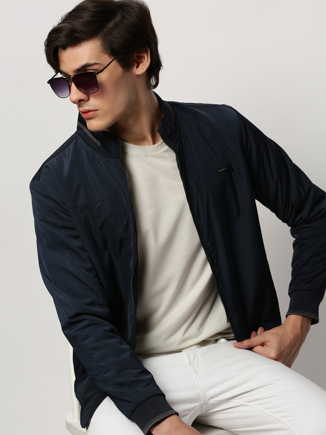 Men Navy Solid Casual Bomber Jackets