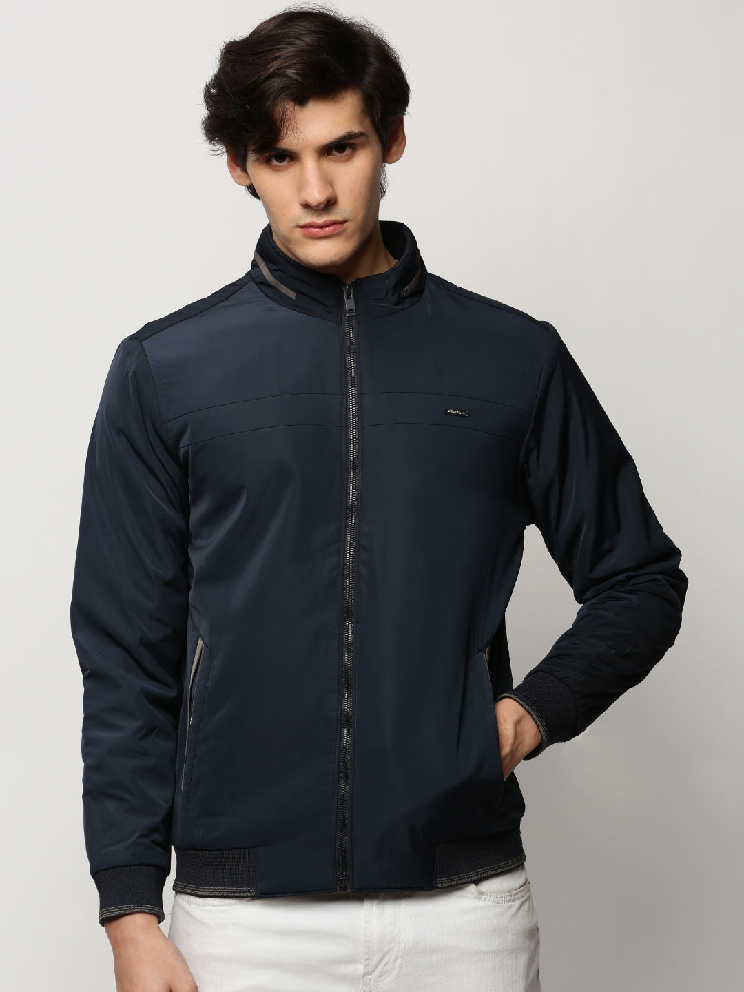 Men Navy Solid Casual Bomber Jackets