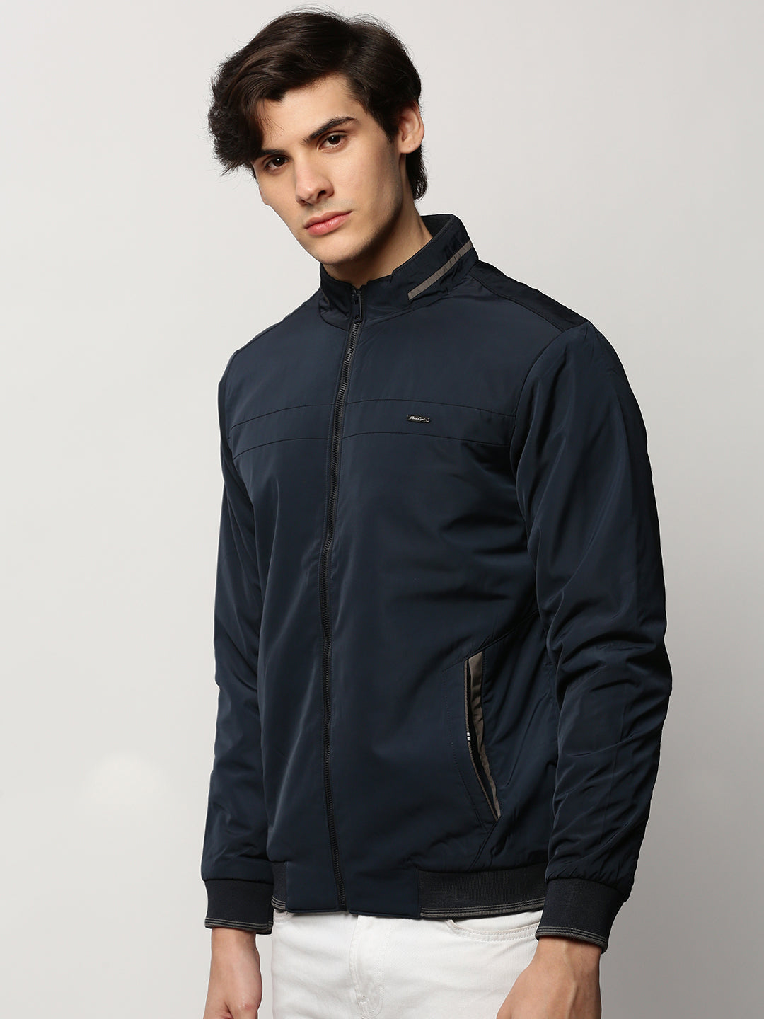 Men Navy Solid Casual Bomber Jackets