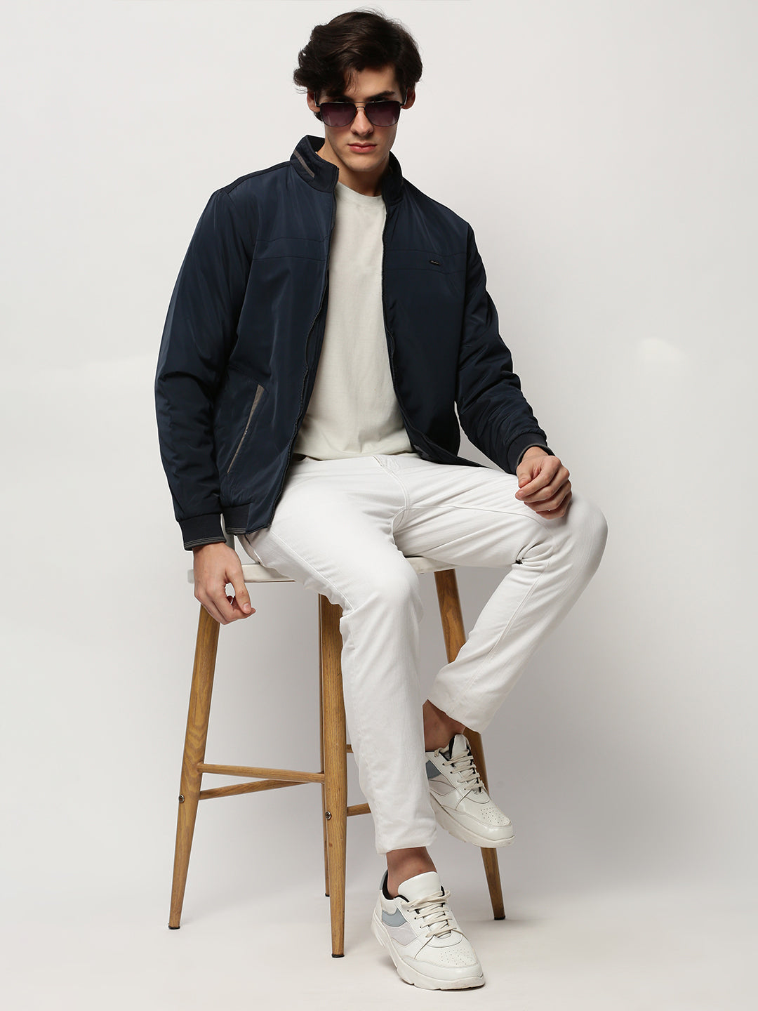 Men Navy Solid Casual Bomber Jackets