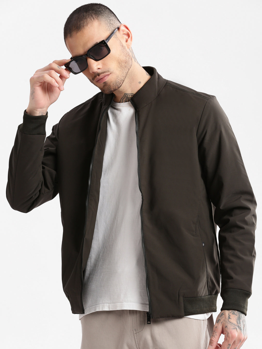 Men Mock Collar Olive Solid Bomber Jacket