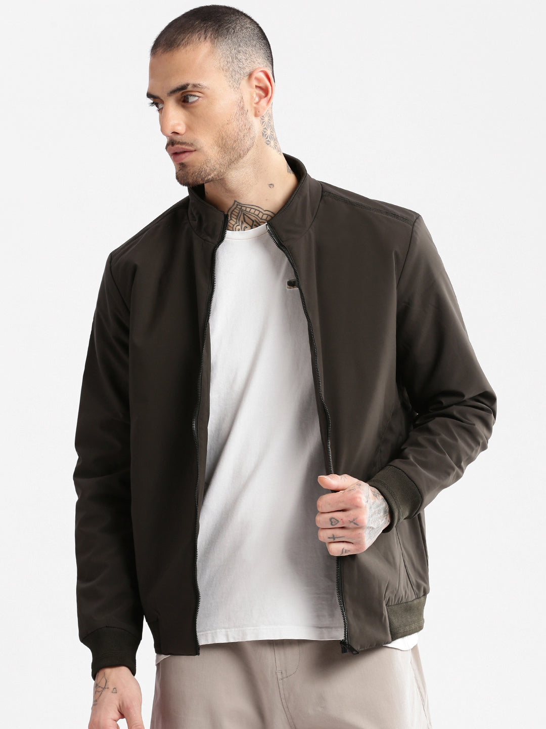 Men Mock Collar Olive Solid Bomber Jacket