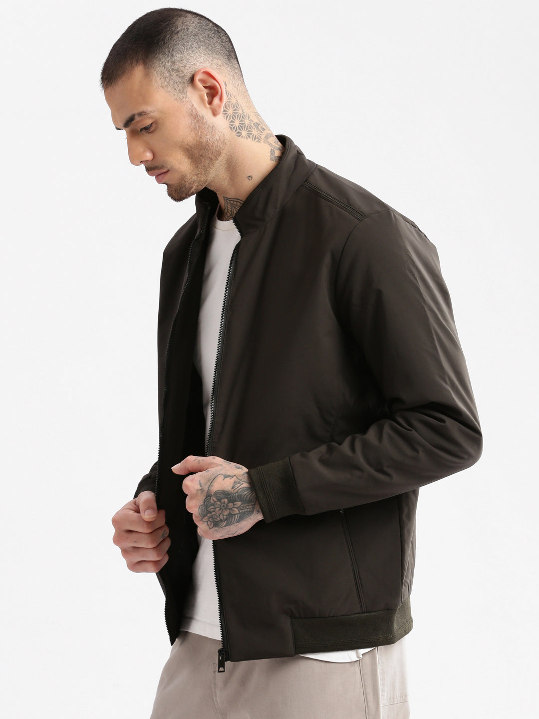 Men Mock Collar Olive Solid Bomber Jacket