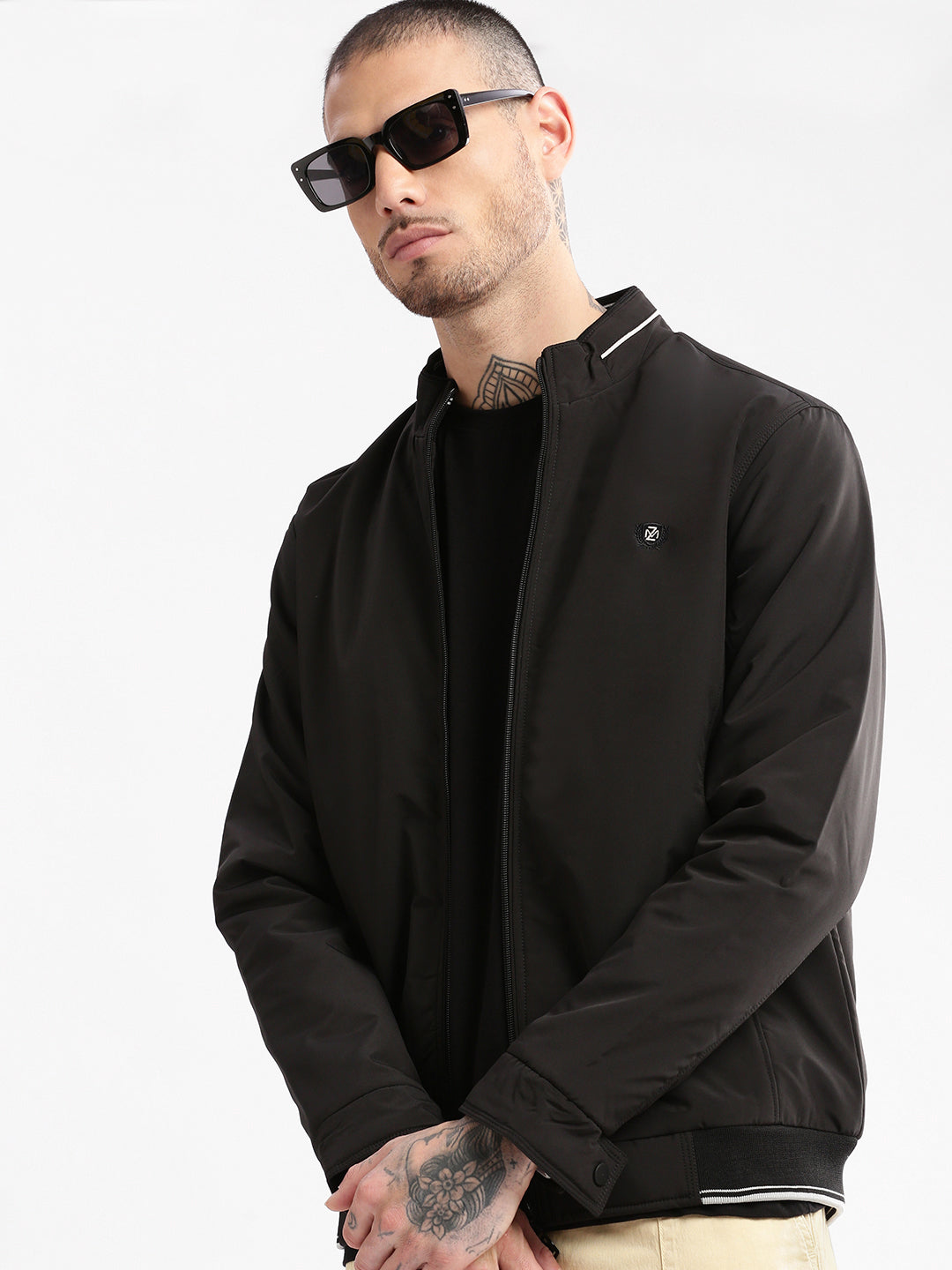 Men Mock Collar Black Solid Bomber Jacket