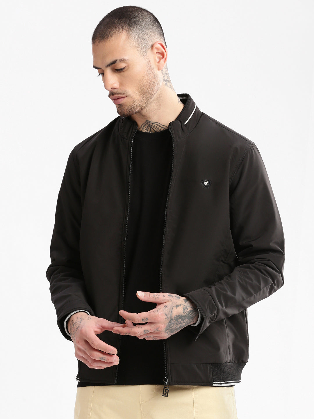 Men Mock Collar Black Solid Bomber Jacket