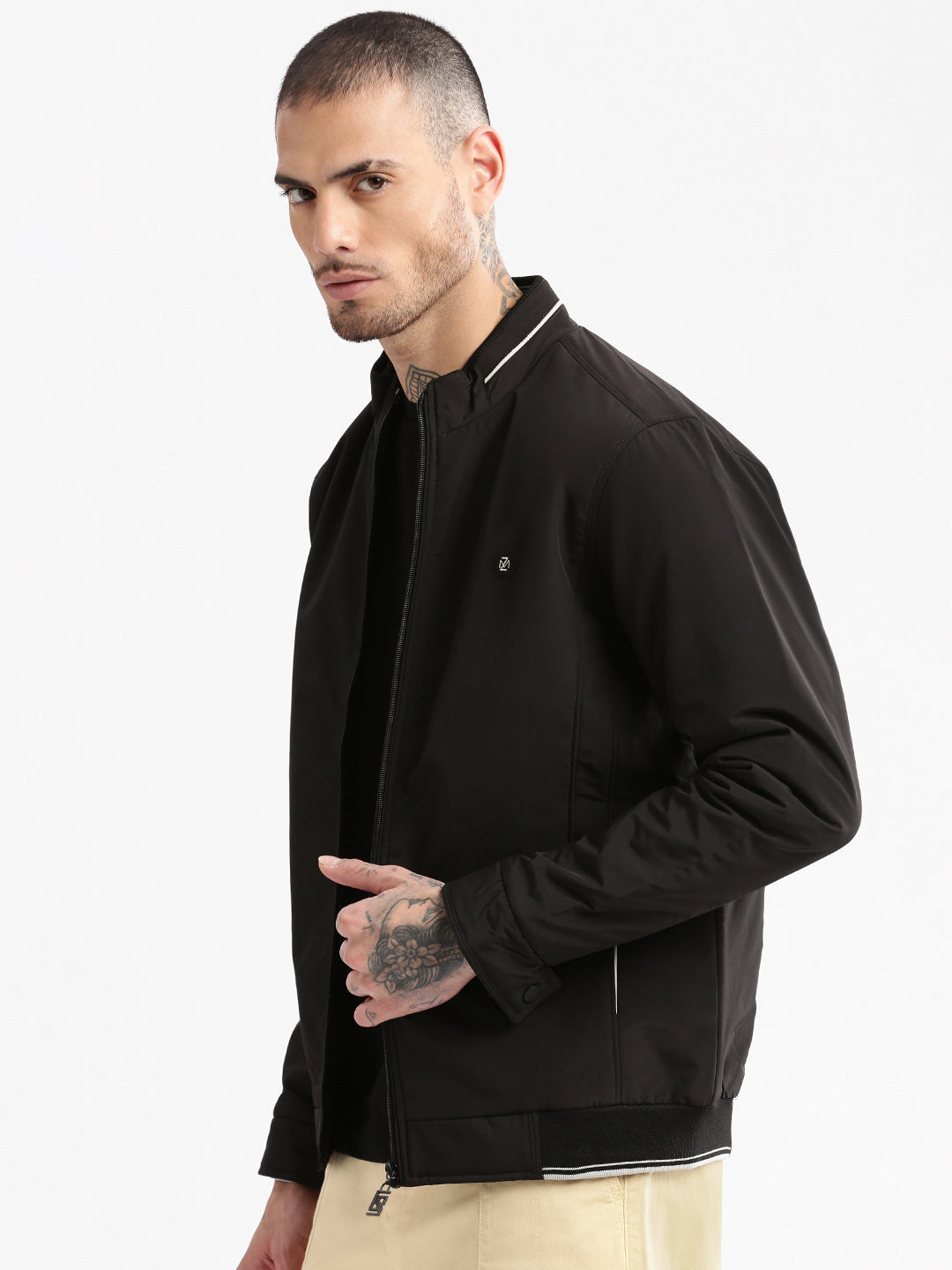 Men Mock Collar Black Solid Bomber Jacket