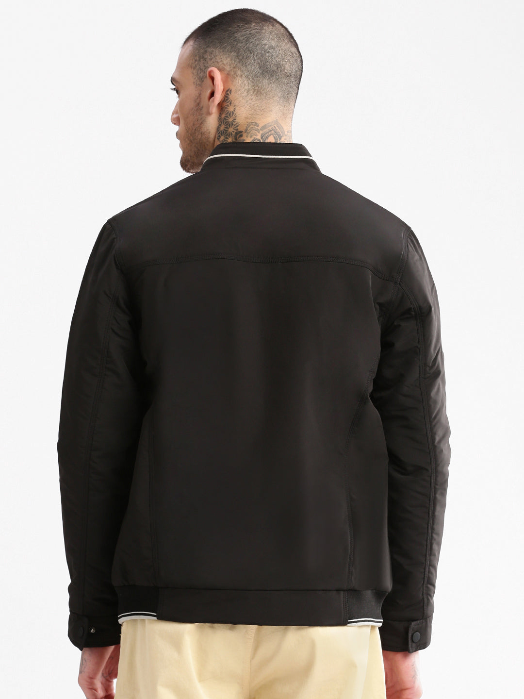 Men Mock Collar Black Solid Bomber Jacket