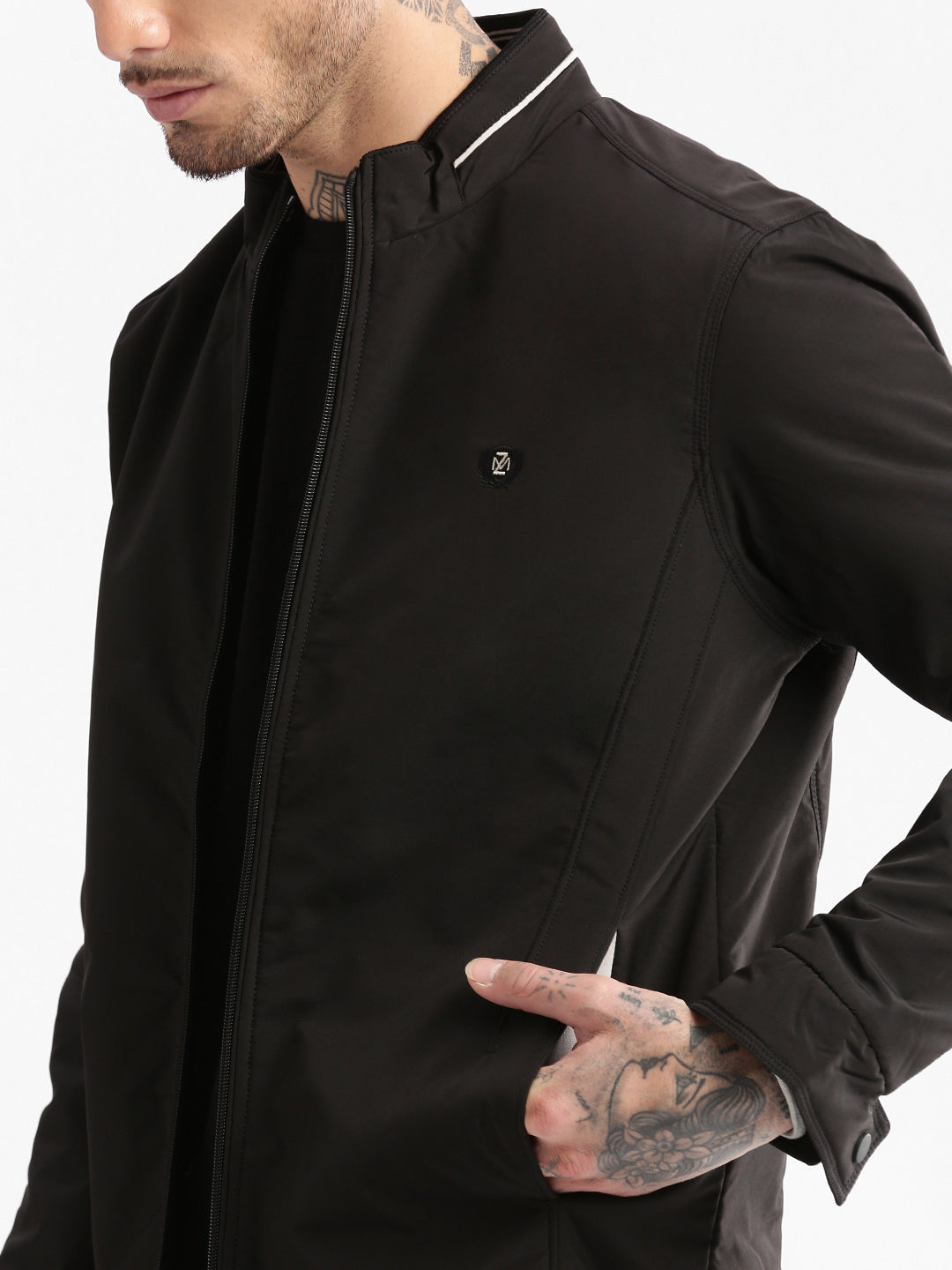 Men Mock Collar Black Solid Bomber Jacket