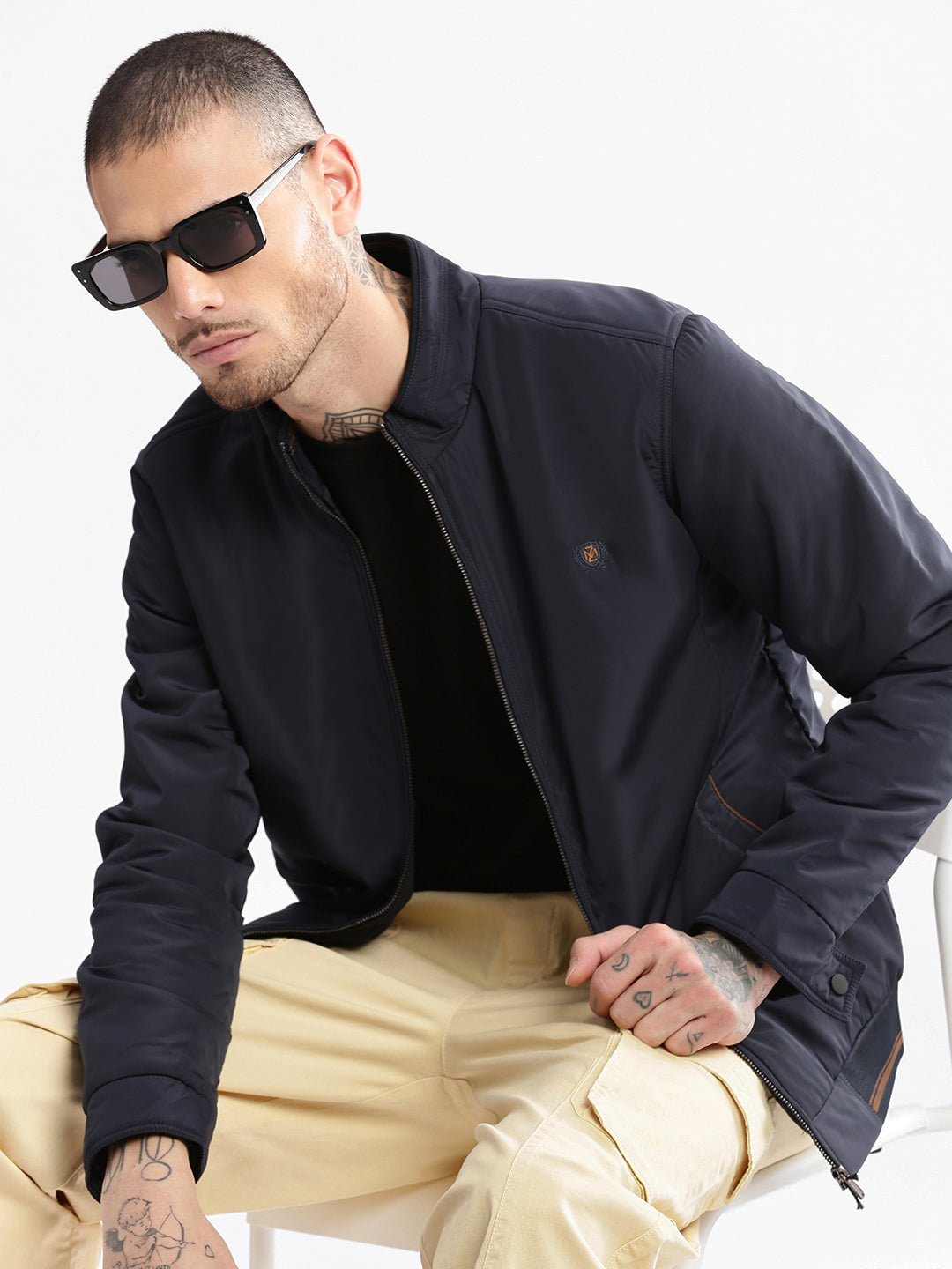 Men Mock Collar Navy Blue Solid Bomber Jacket