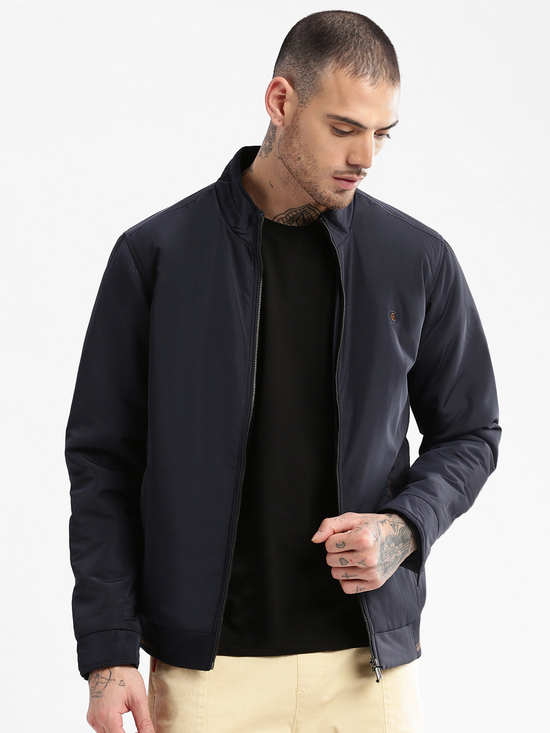 Men Mock Collar Navy Blue Solid Bomber Jacket