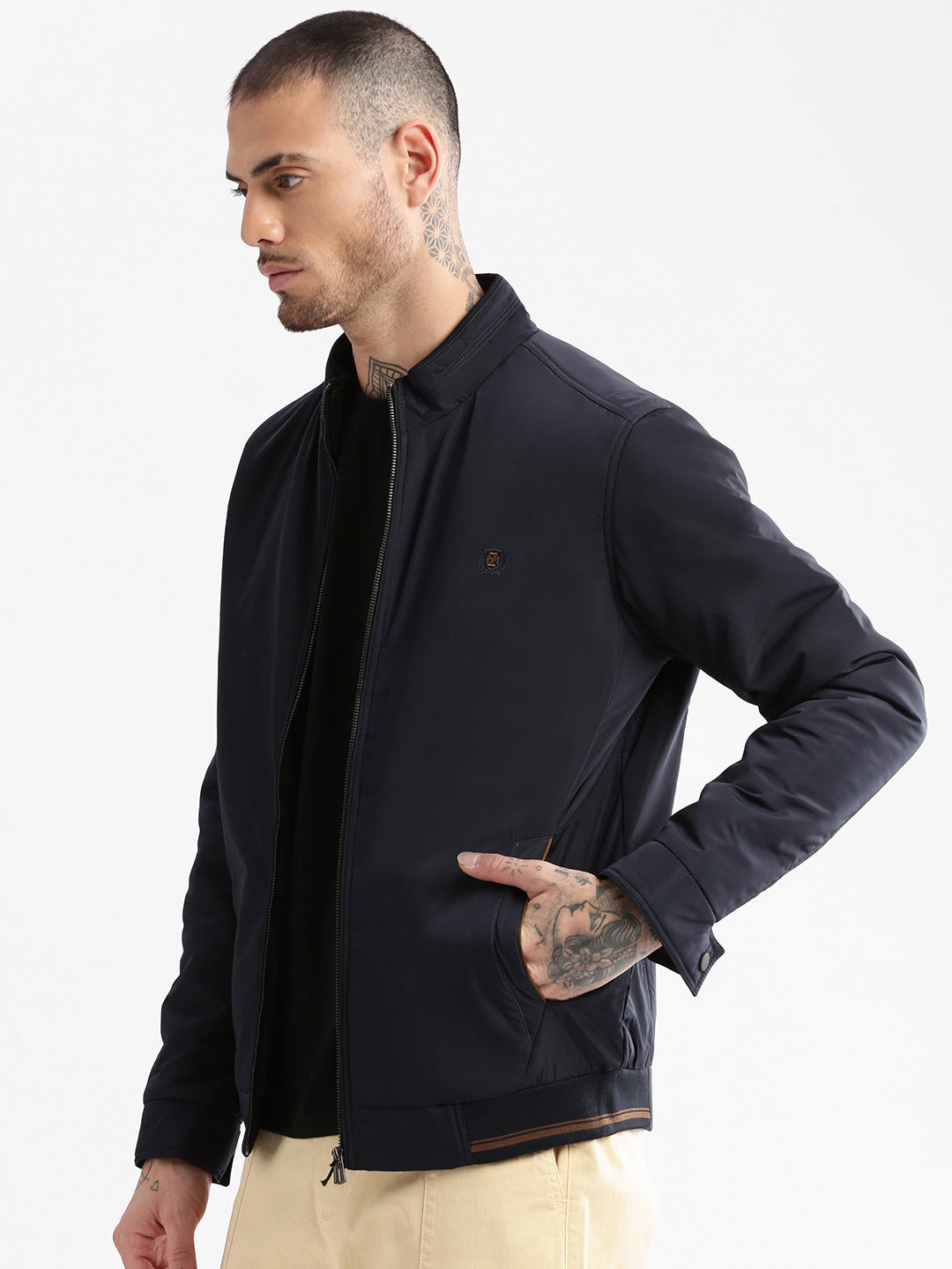 Men Mock Collar Navy Blue Solid Bomber Jacket