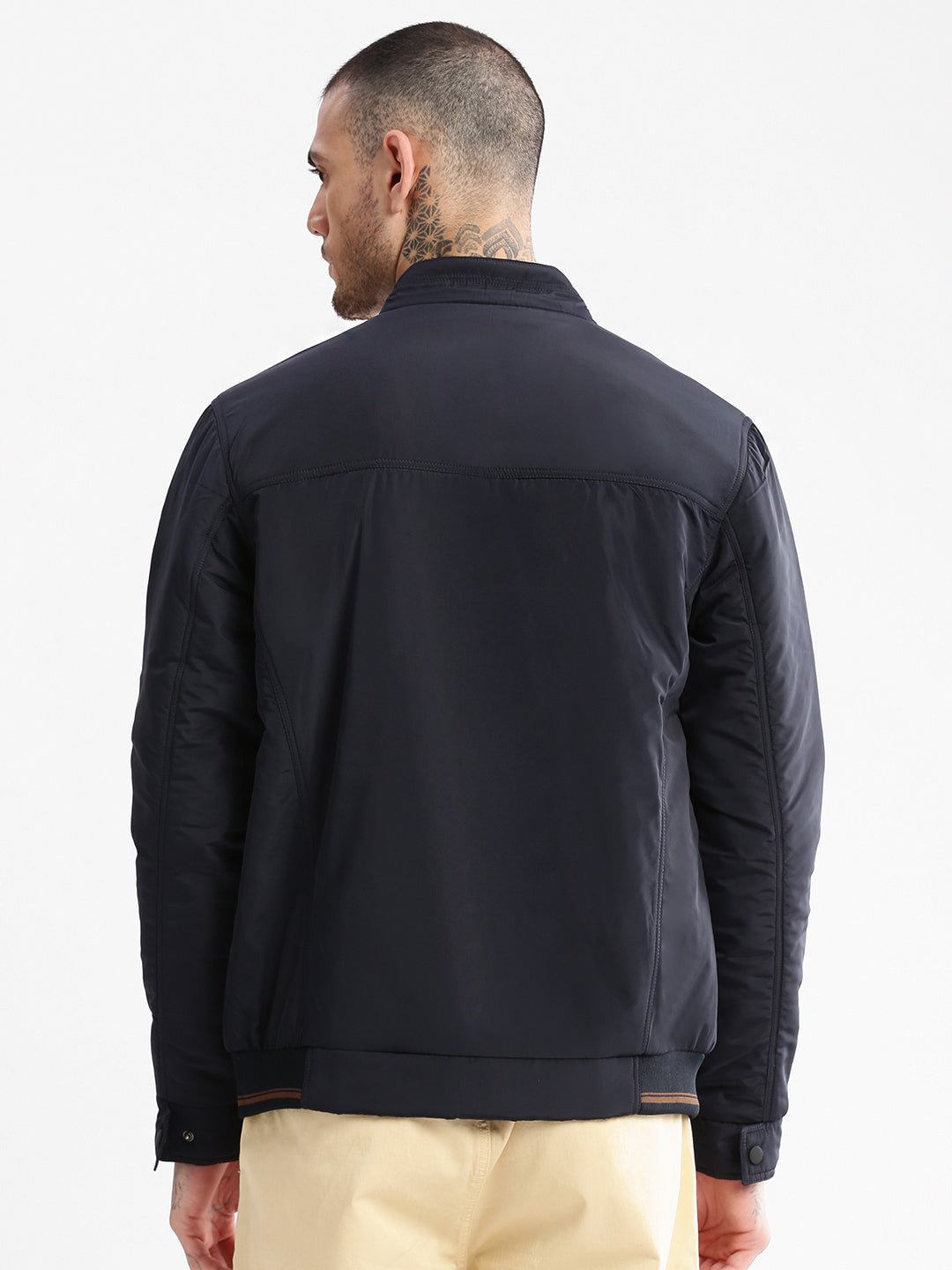 Men Mock Collar Navy Blue Solid Bomber Jacket