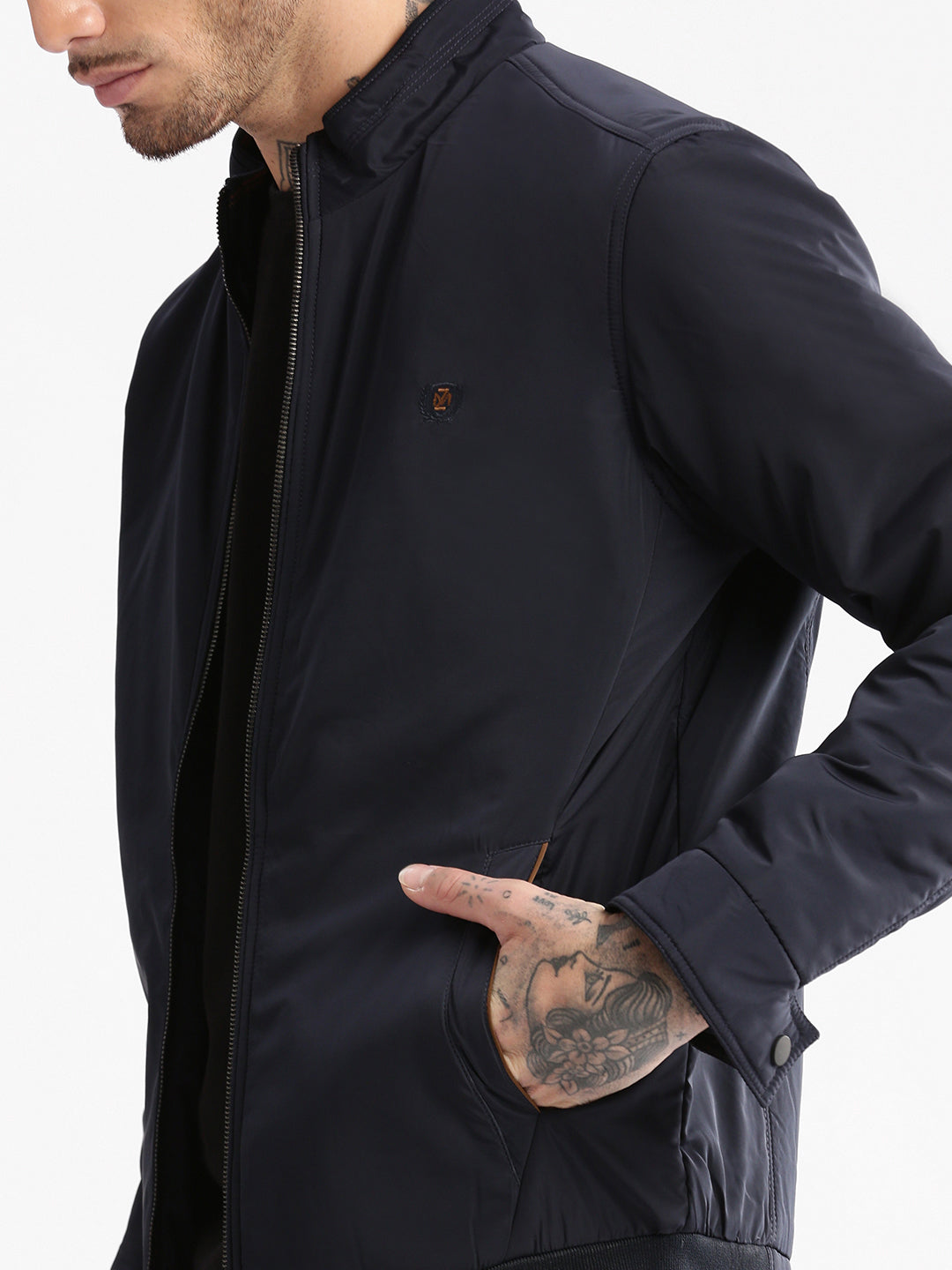 Men Mock Collar Navy Blue Solid Bomber Jacket