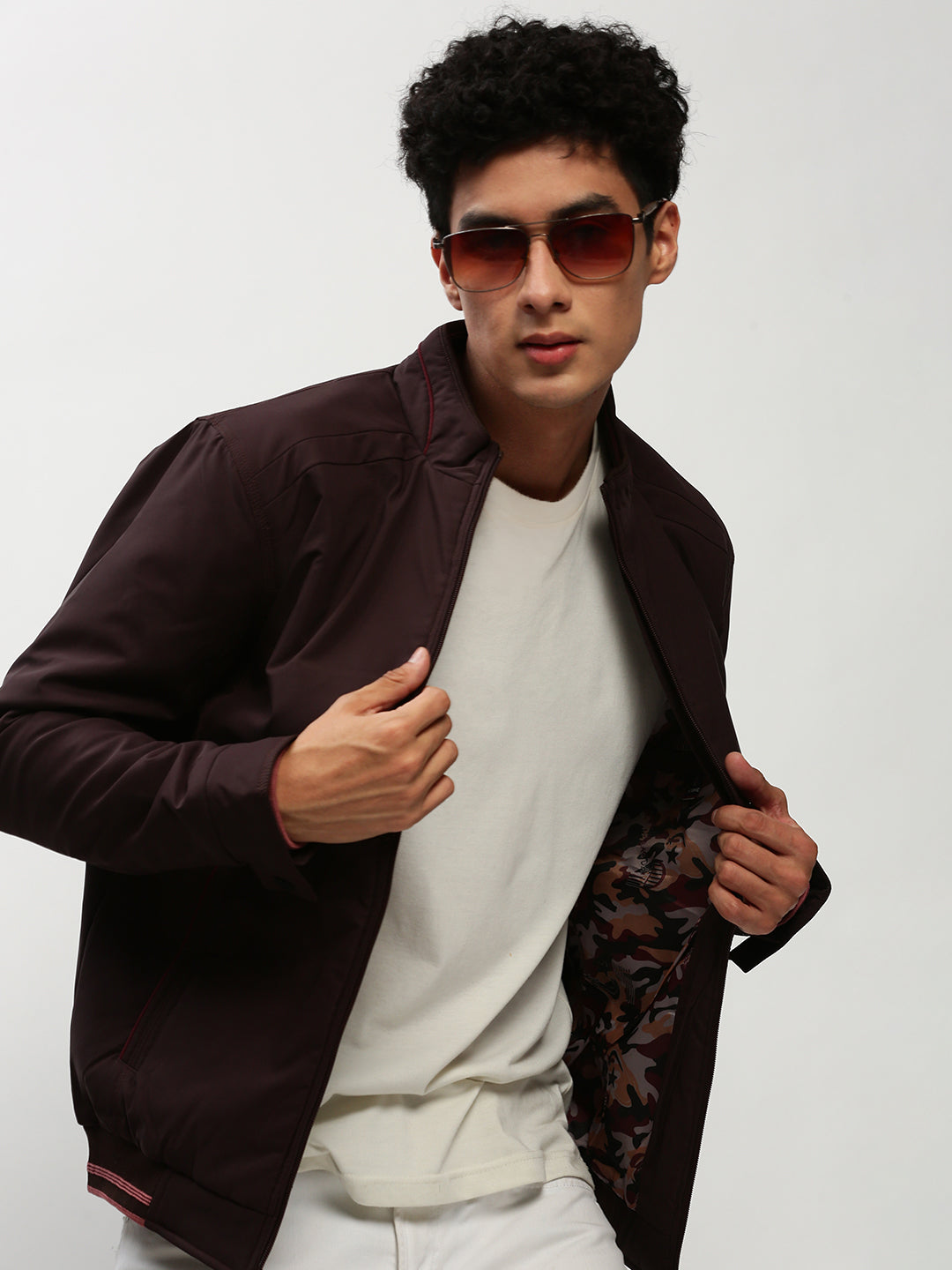 Men Brown Solid Casual Bomber Jackets