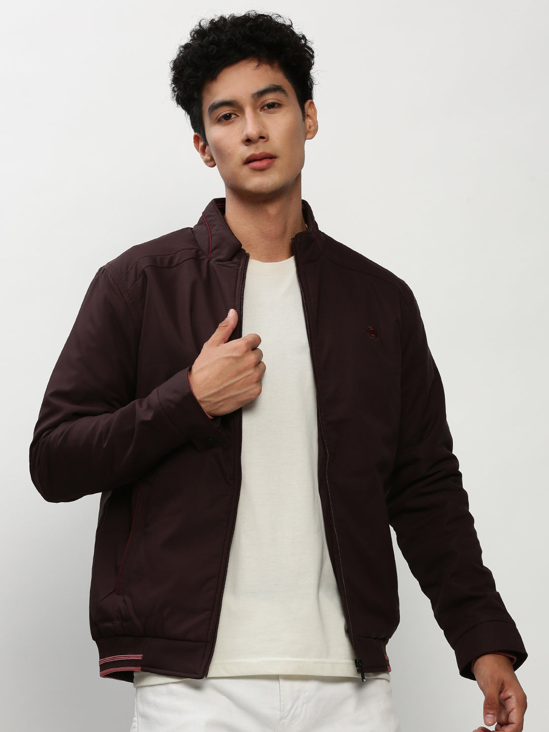 Men Brown Solid Casual Bomber Jackets