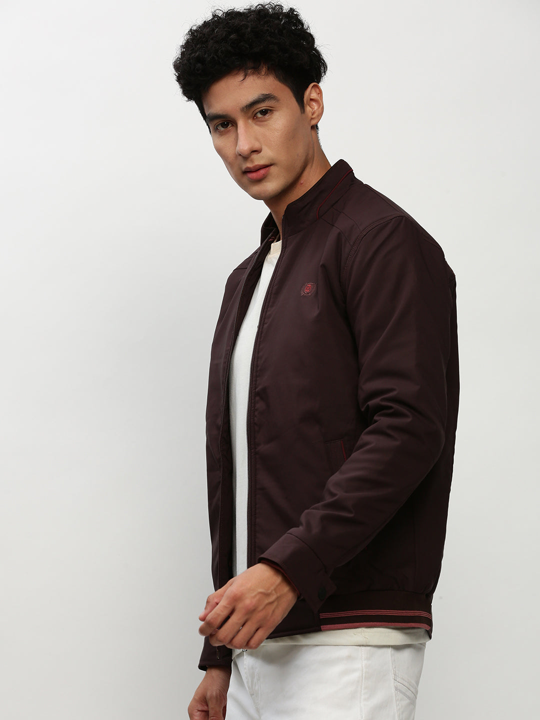 Men Brown Solid Casual Bomber Jackets