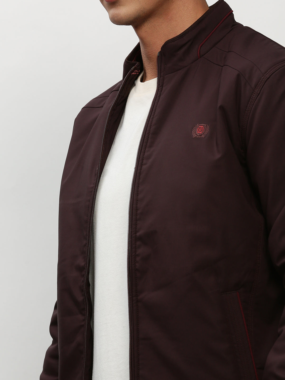 Men Brown Solid Casual Bomber Jackets