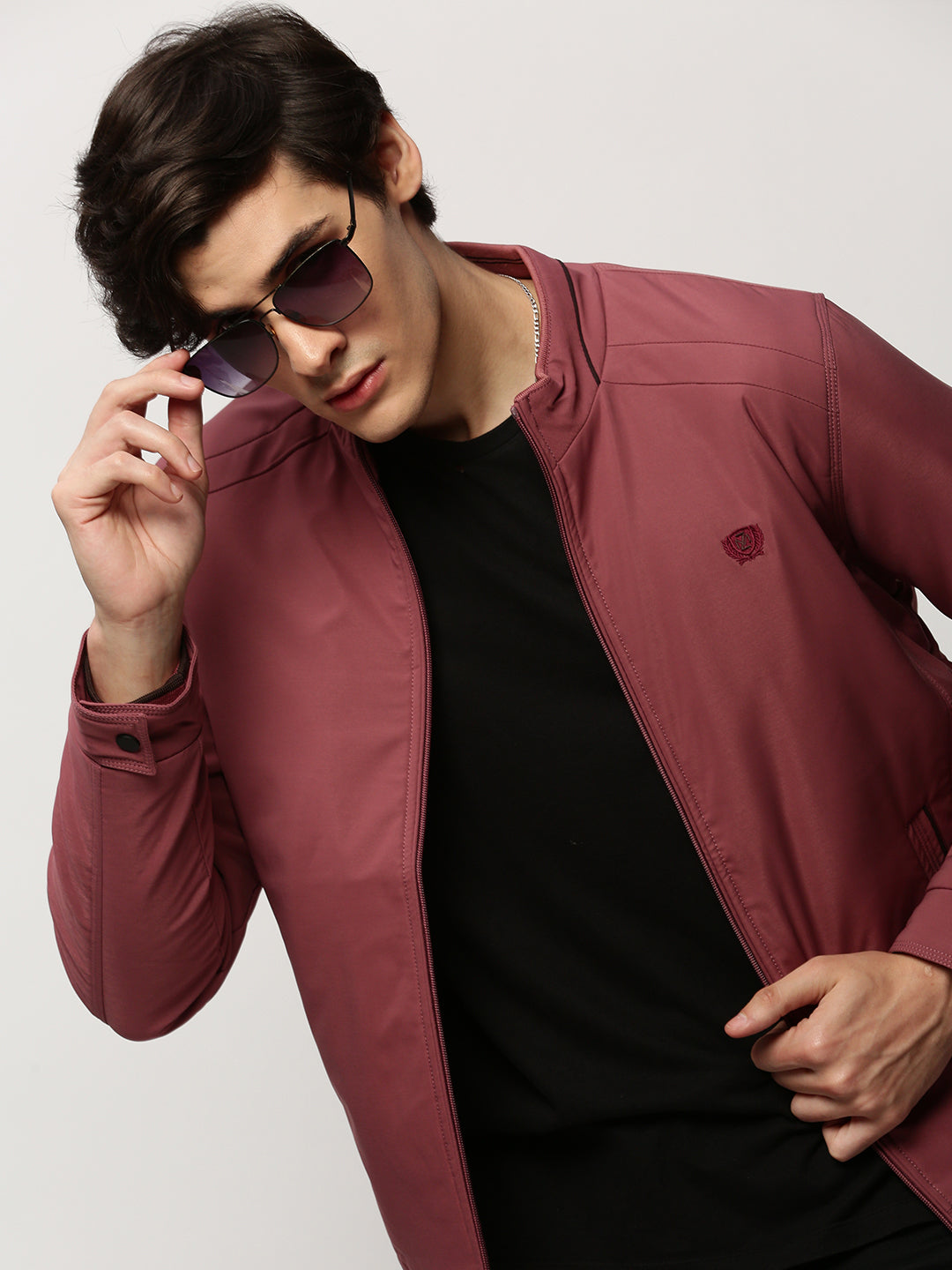 Men Mauve Solid Casual Bomber Jackets