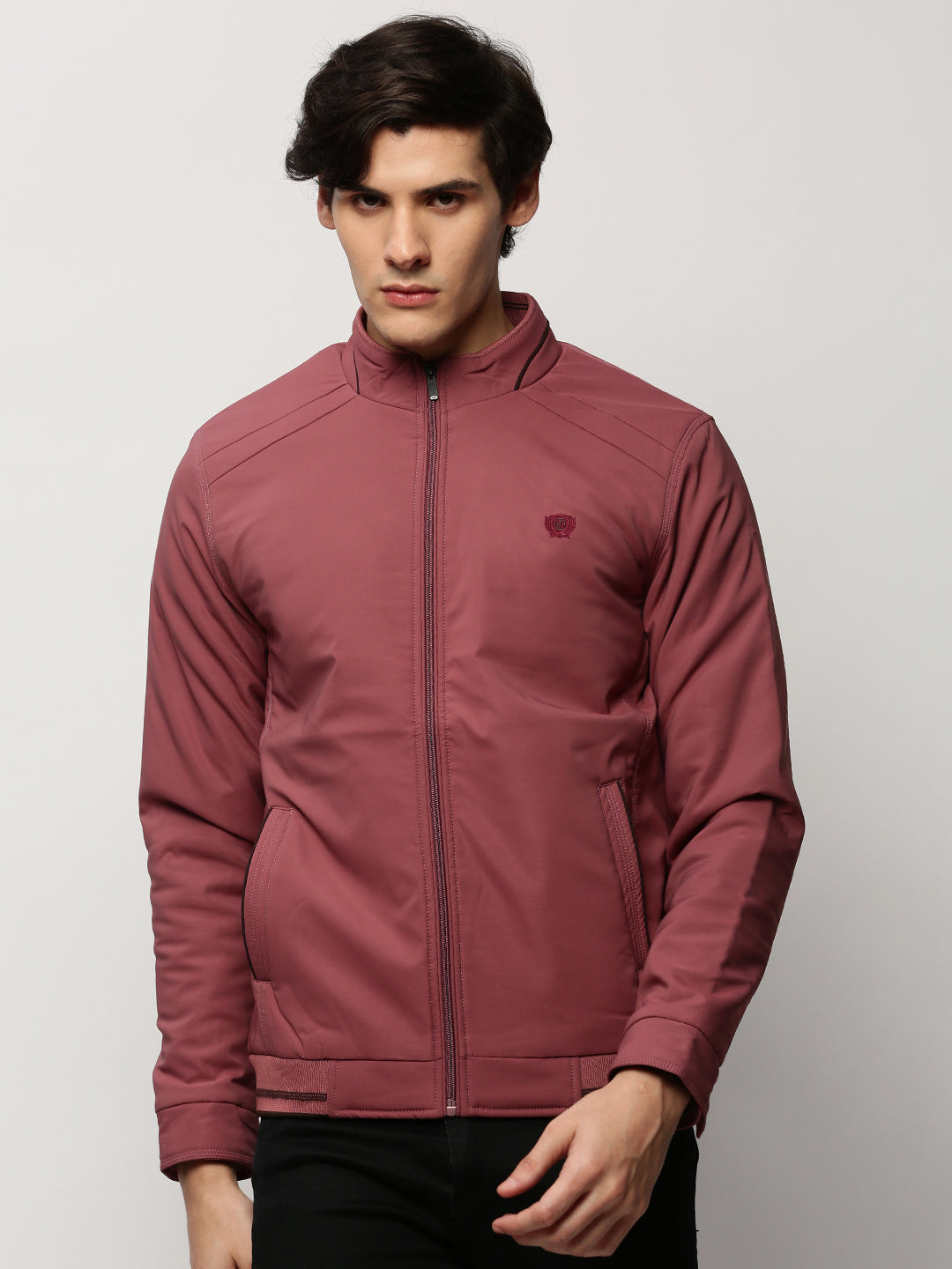 Men Mauve Solid Casual Bomber Jackets