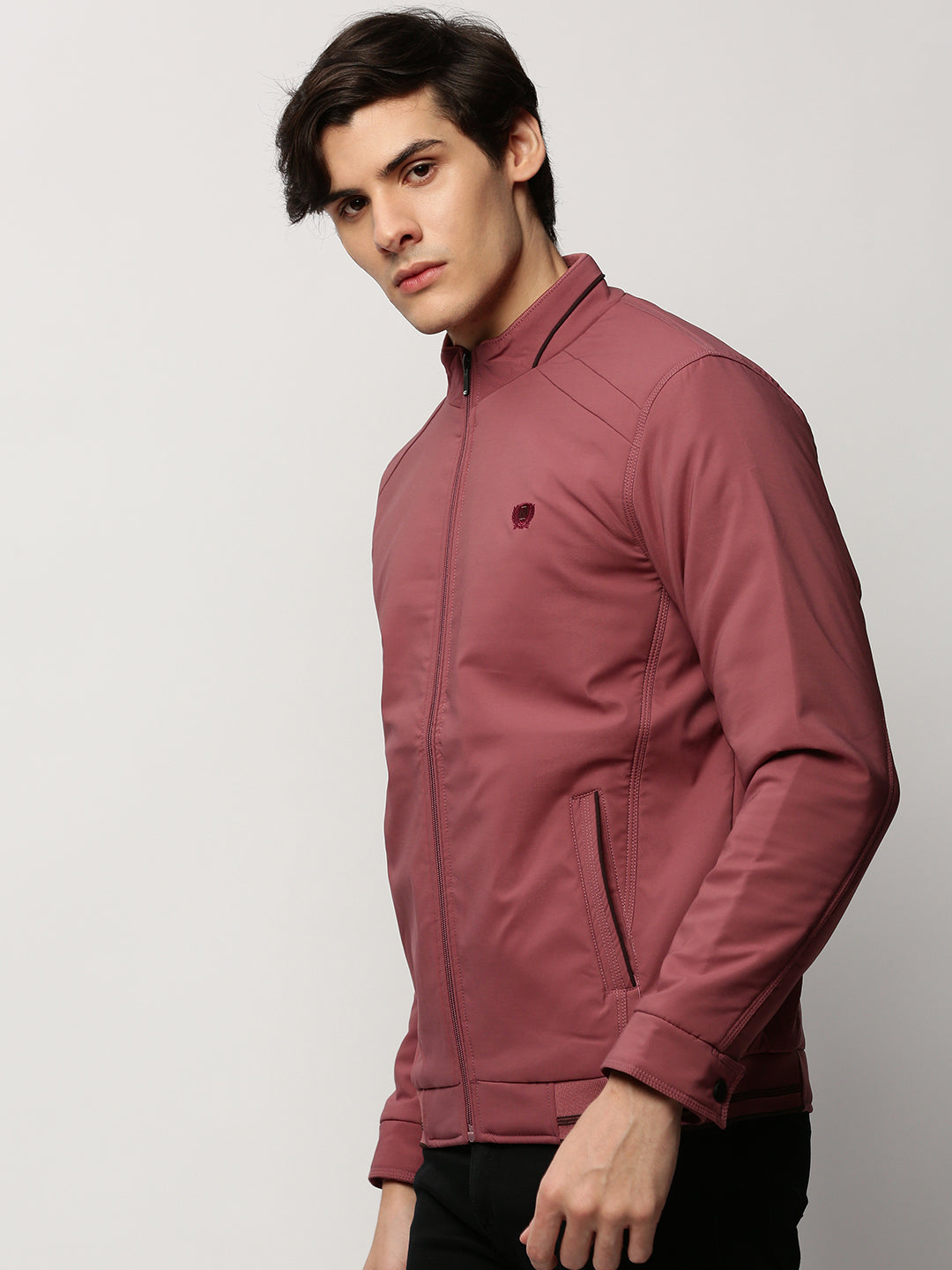 Men Mauve Solid Casual Bomber Jackets