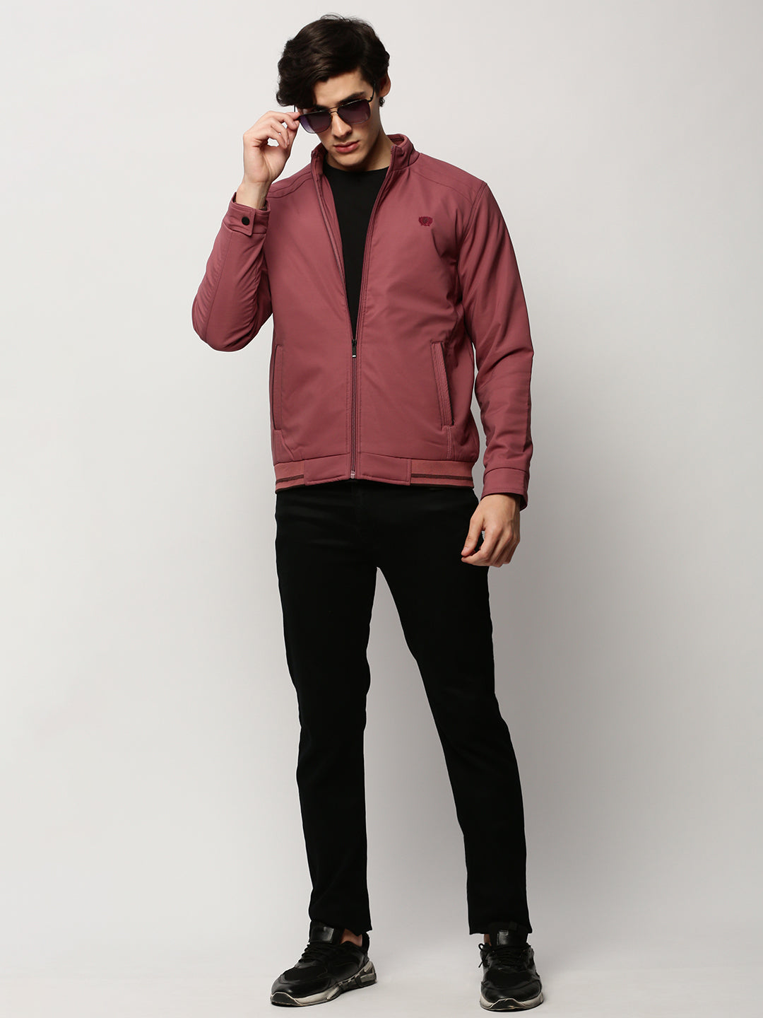 Men Mauve Solid Casual Bomber Jackets