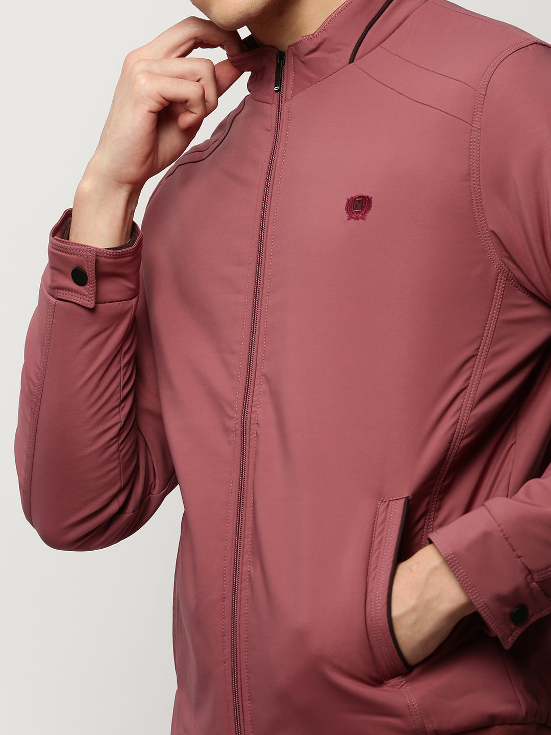 Men Mauve Solid Casual Bomber Jackets