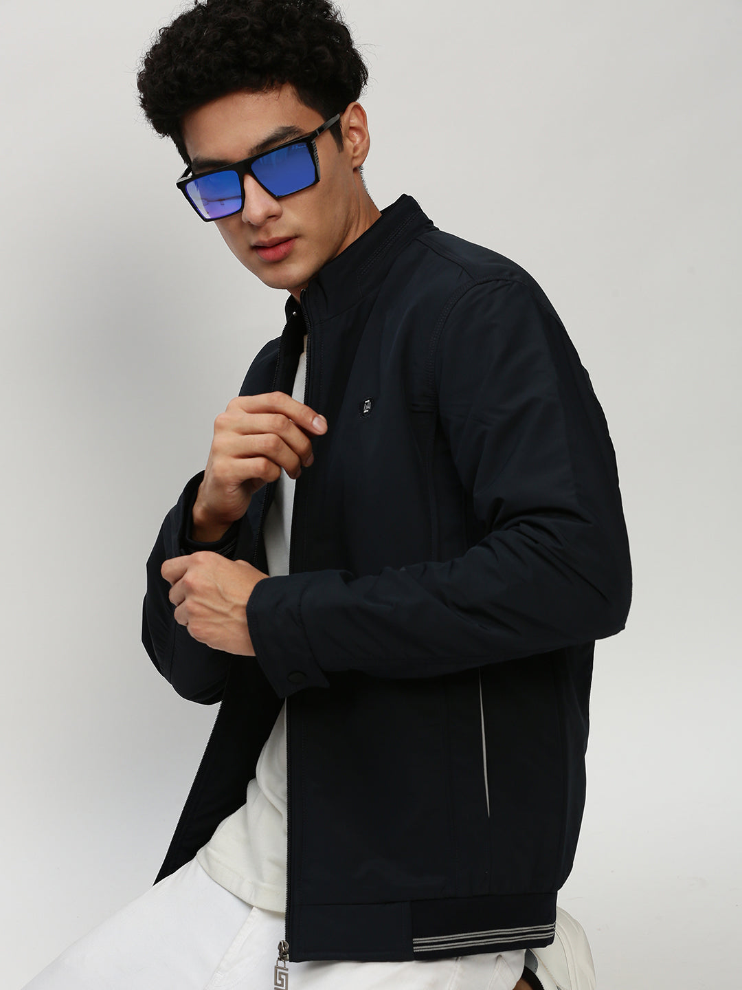 Men Navy Solid Casual Bomber Jackets