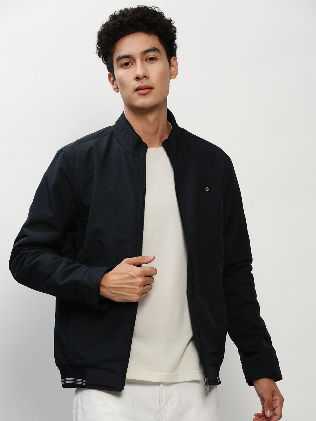 Men Navy Solid Casual Bomber Jackets