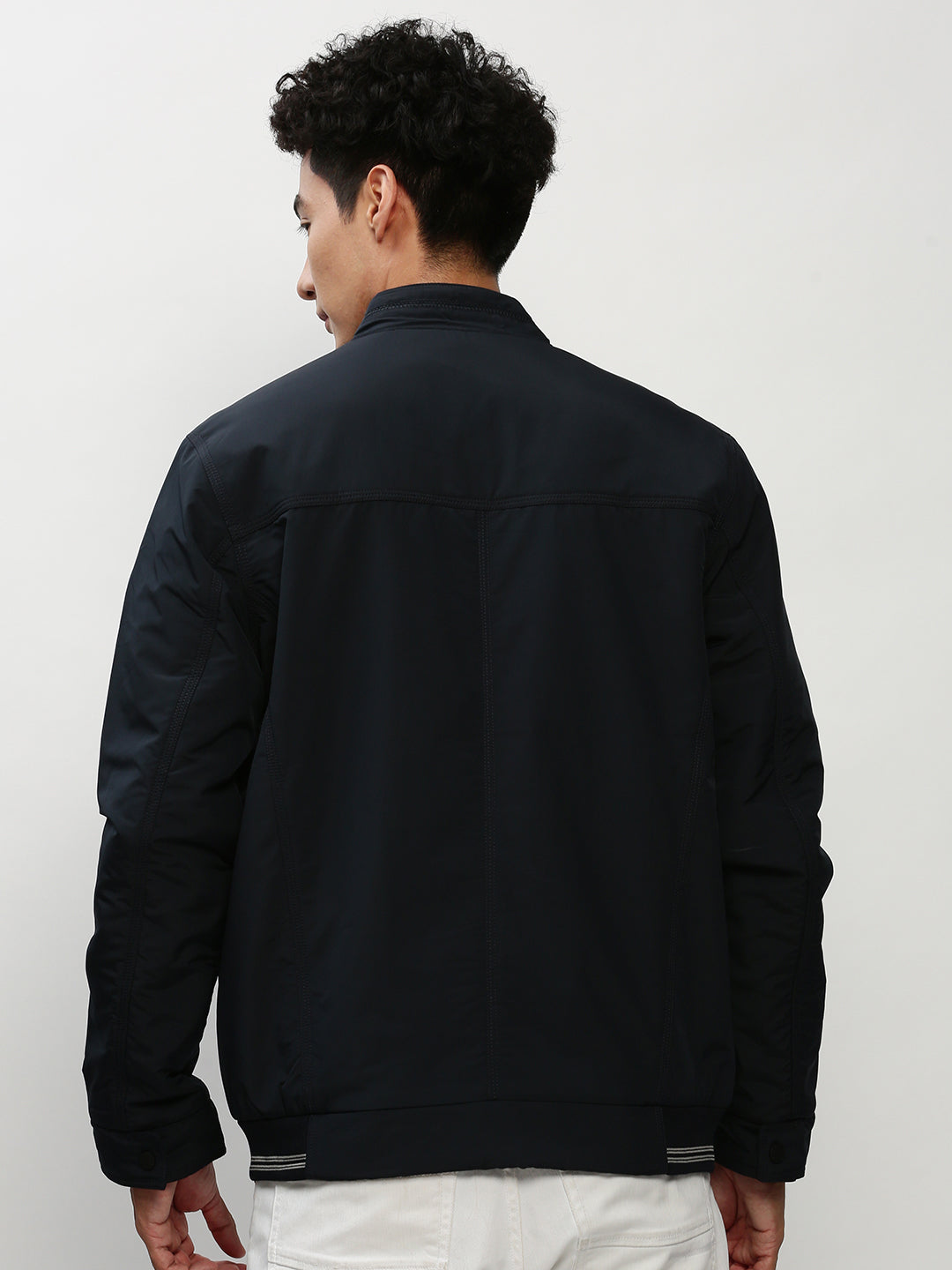 Men Navy Solid Casual Bomber Jackets