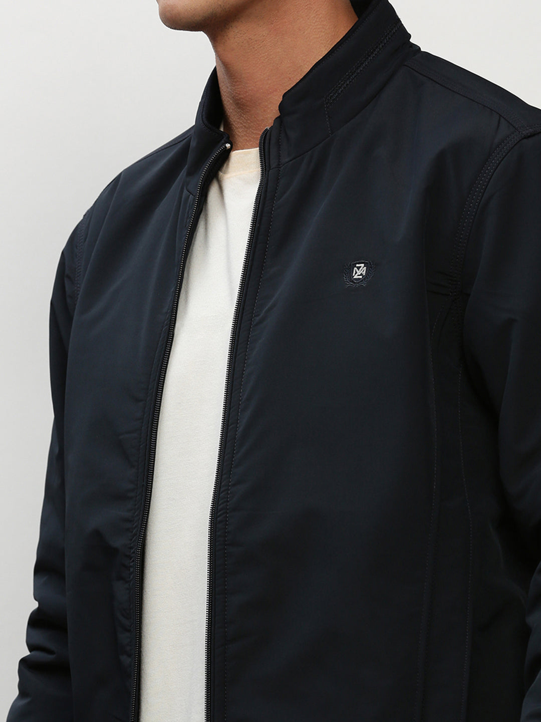 Men Navy Solid Casual Bomber Jackets