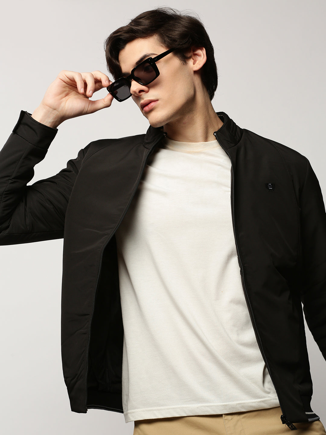 Men Black Solid Casual Bomber Jackets