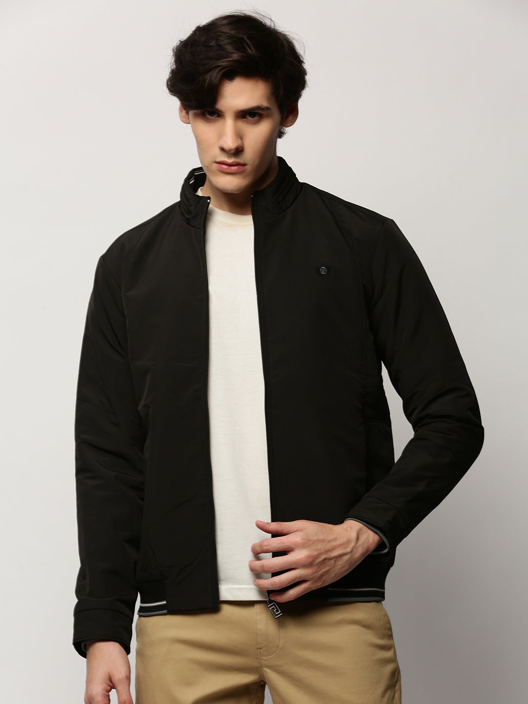 Men Black Solid Casual Bomber Jackets