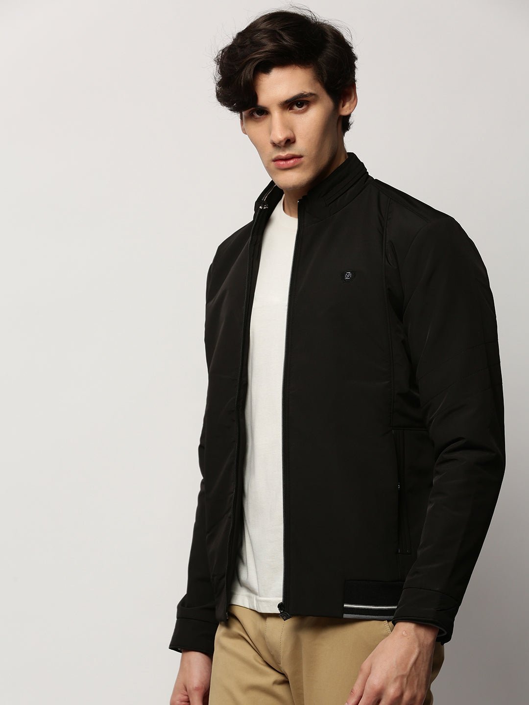 Men Black Solid Casual Bomber Jackets