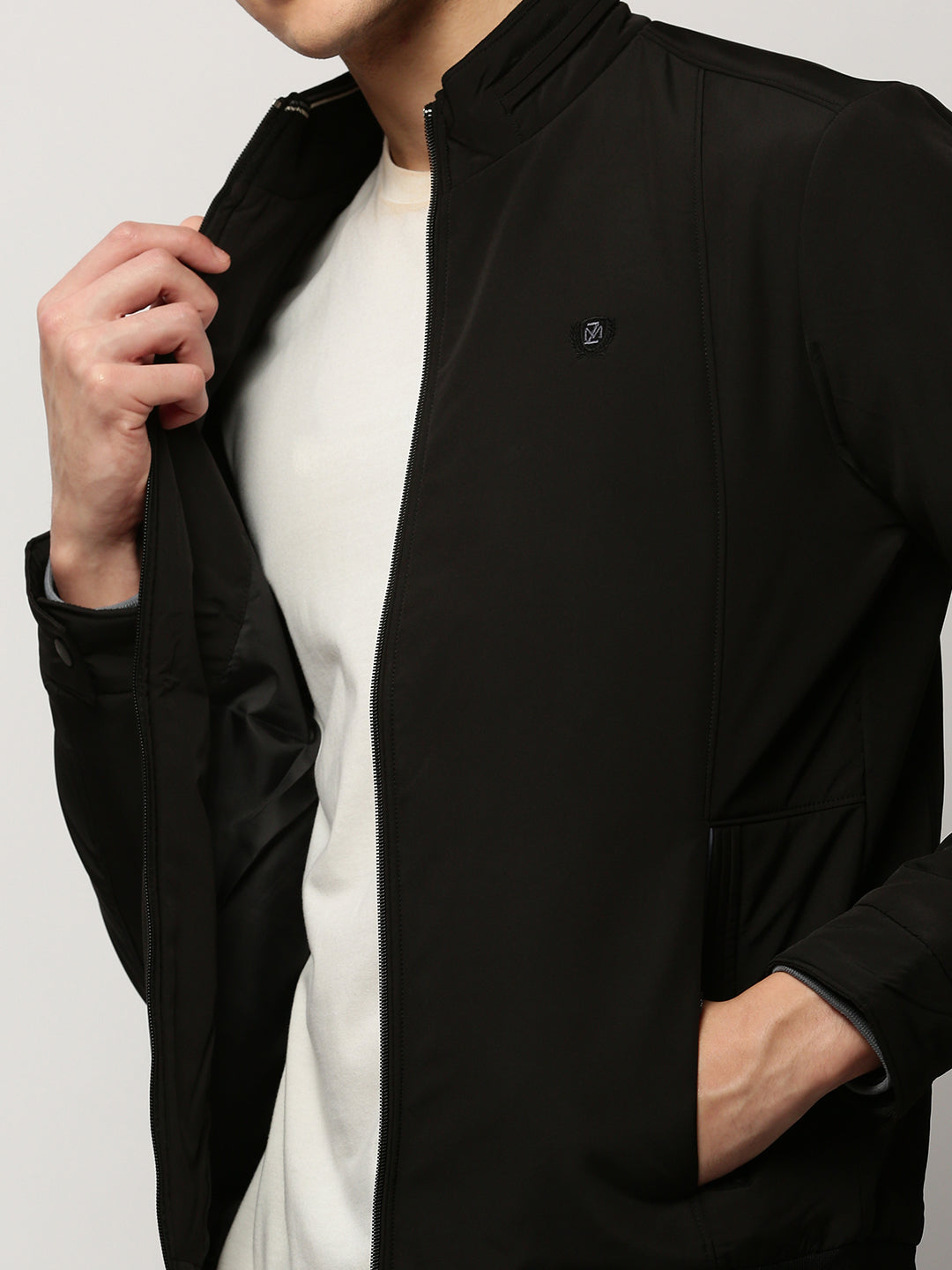 Men Black Solid Casual Bomber Jackets