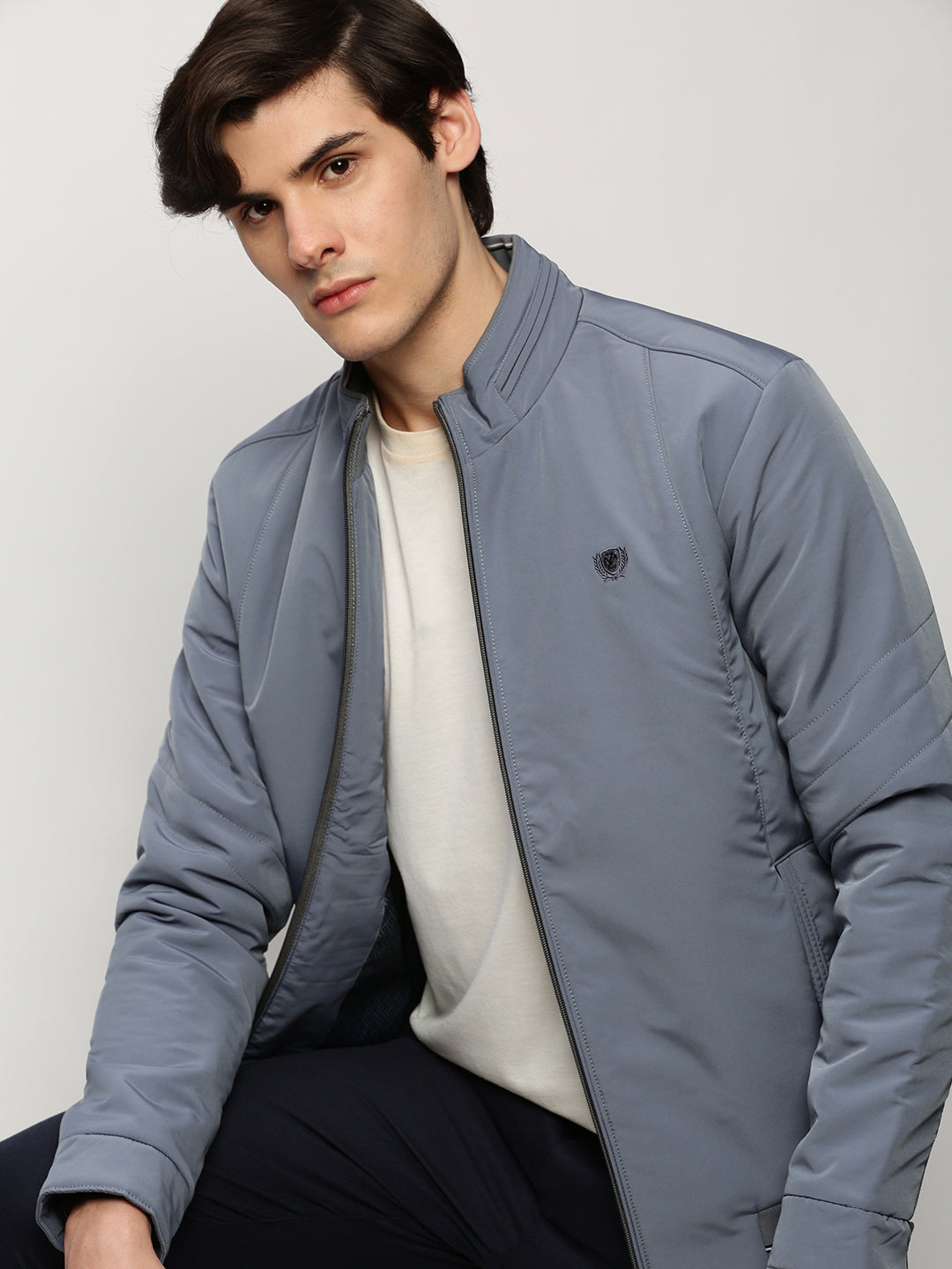 Men Grey Solid Casual Bomber Jackets