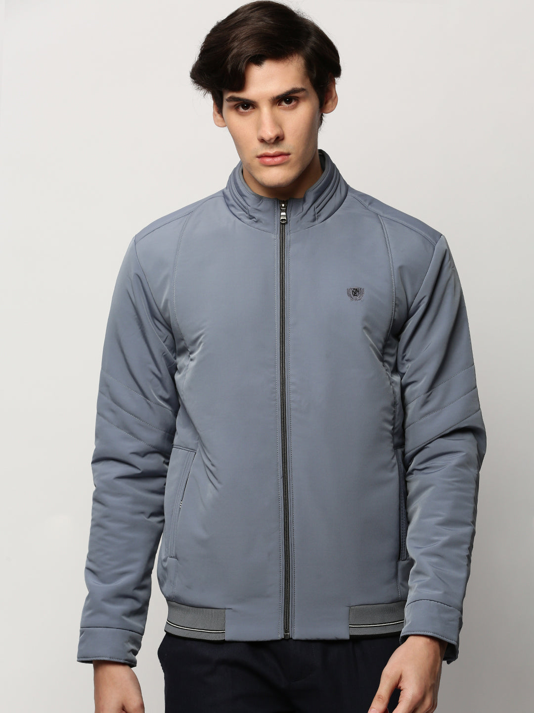 Men Grey Solid Casual Bomber Jackets