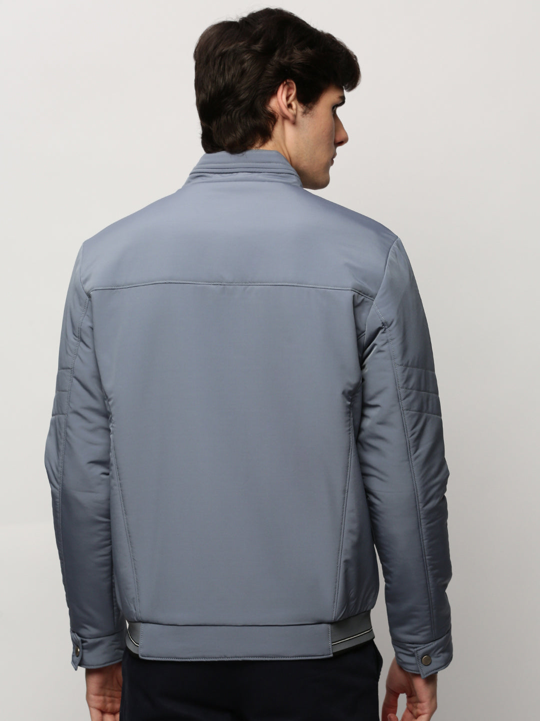 Men Grey Solid Casual Bomber Jackets